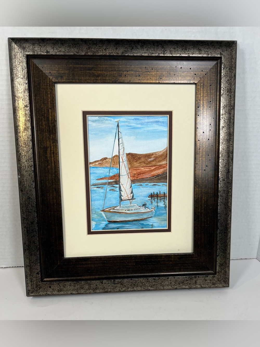 Linda McCoy Davis Original Framed Sailboat Harbor Painting Coastal Nautical Wall